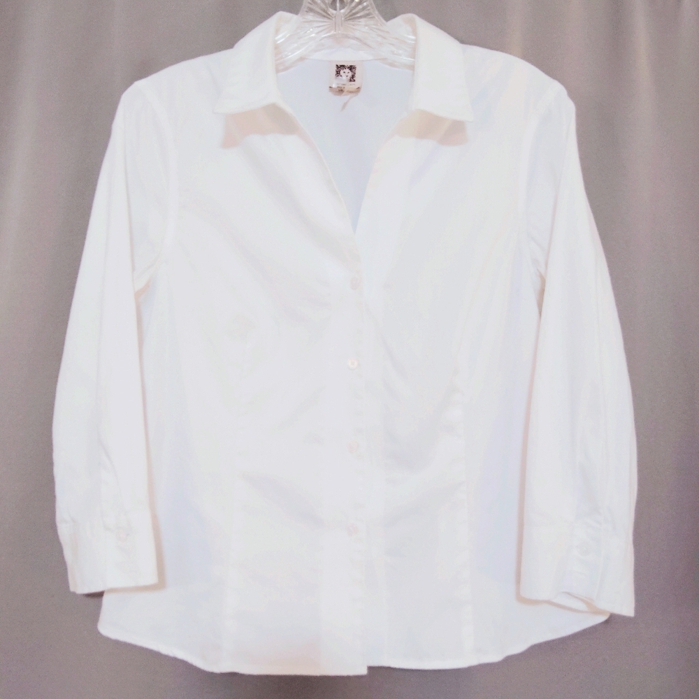 Anne Klein Women's PM White Blouse Feminine Dbl Collar Extended Neckline 3/4 Slv - Picture 6 of 12
